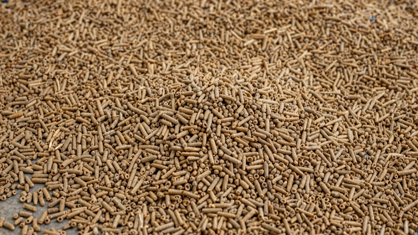 Sacchi di pellet in dettaglio su pavimento di magazzino, luce nat