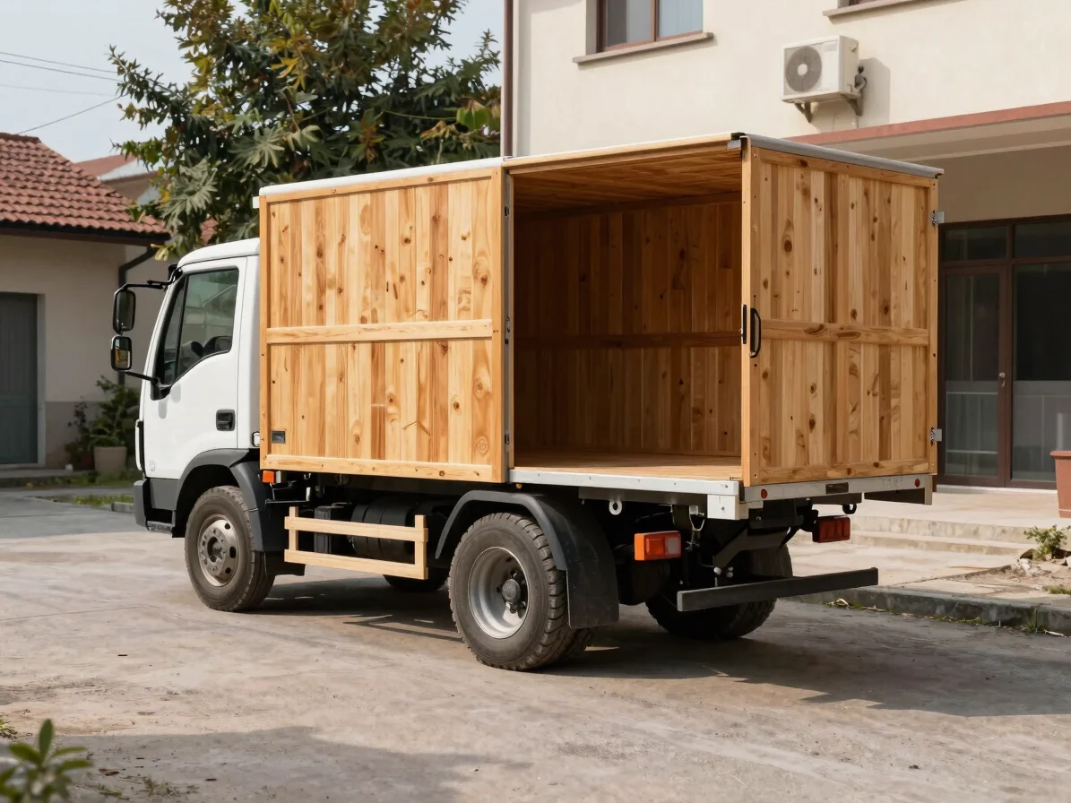 Camion da consegna con sponda idraulica aperta davanti a un cortile in ghiaia, luce naturale mattutina, inquadratura amp