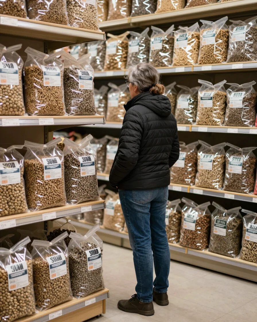 Persone che scelgono sacchi di pellet in un negozio di combustibi